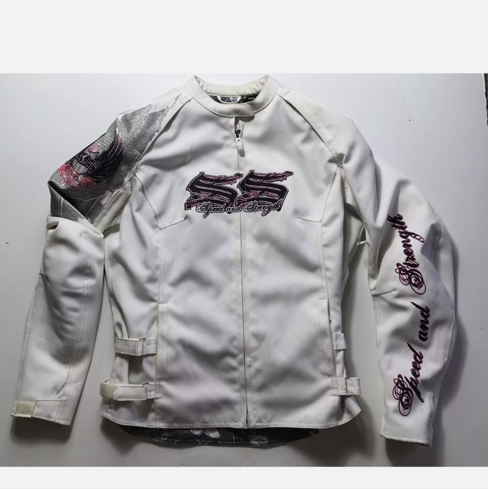 Women's SPEED AND STRENGTH 999 white/pink motorcycle riding jacket w/pads Medium